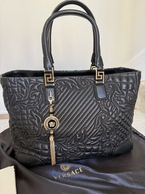 Versace Black Quilted Tote with Gold Medallion Tassel